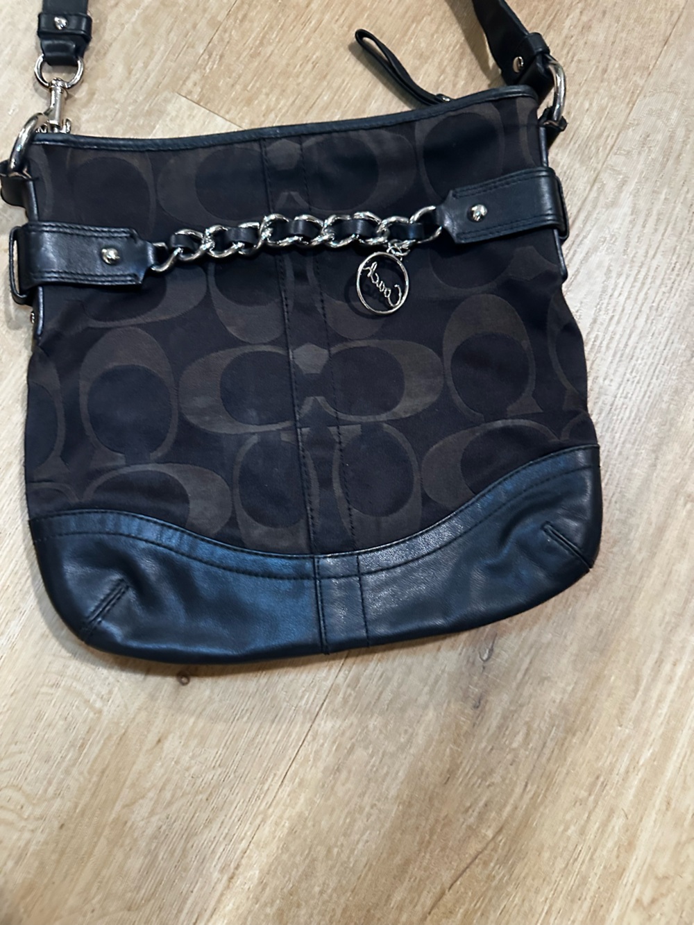 Coach Dark Brown Signature Canvas Shoulder Bag with Black Leather Trim
